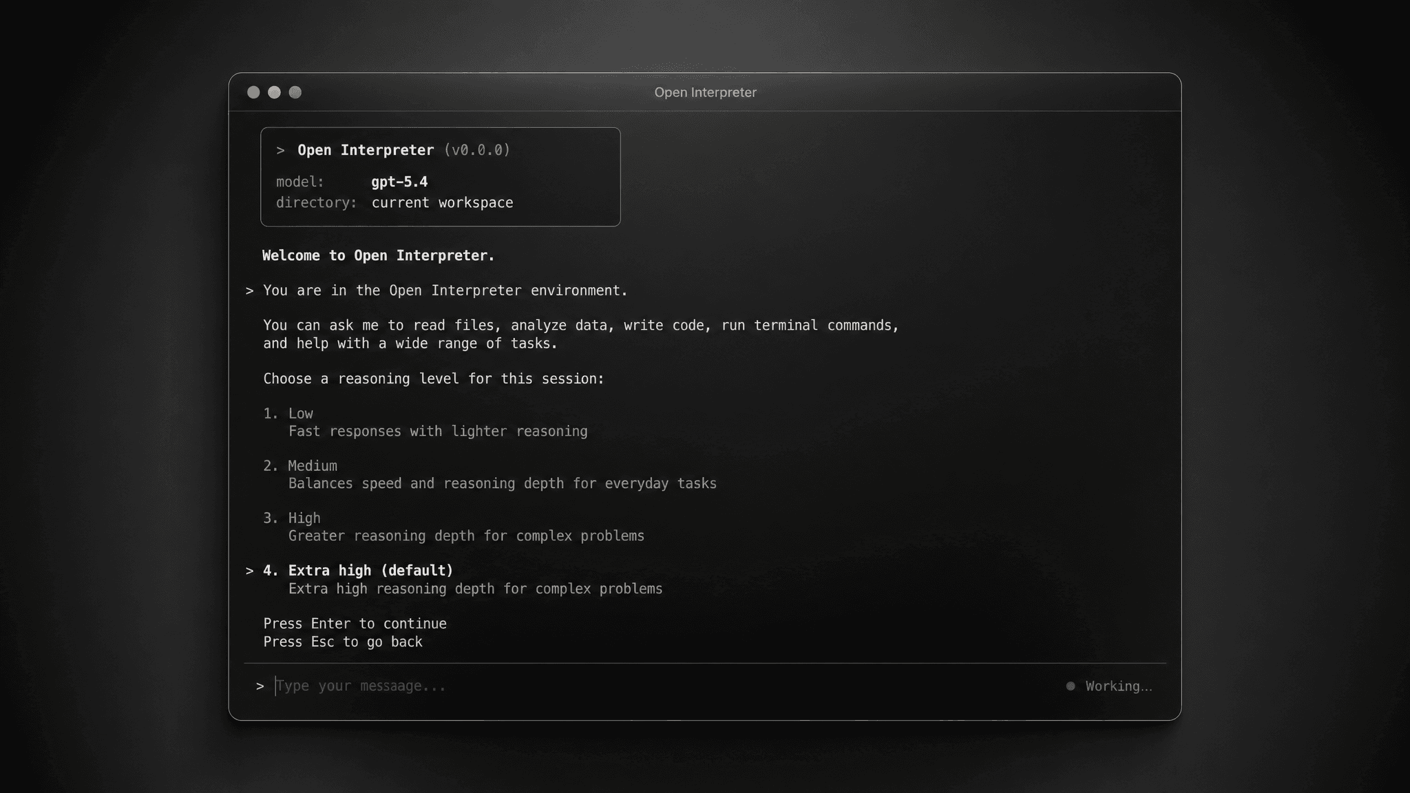 Open Interpreter running in a terminal window
